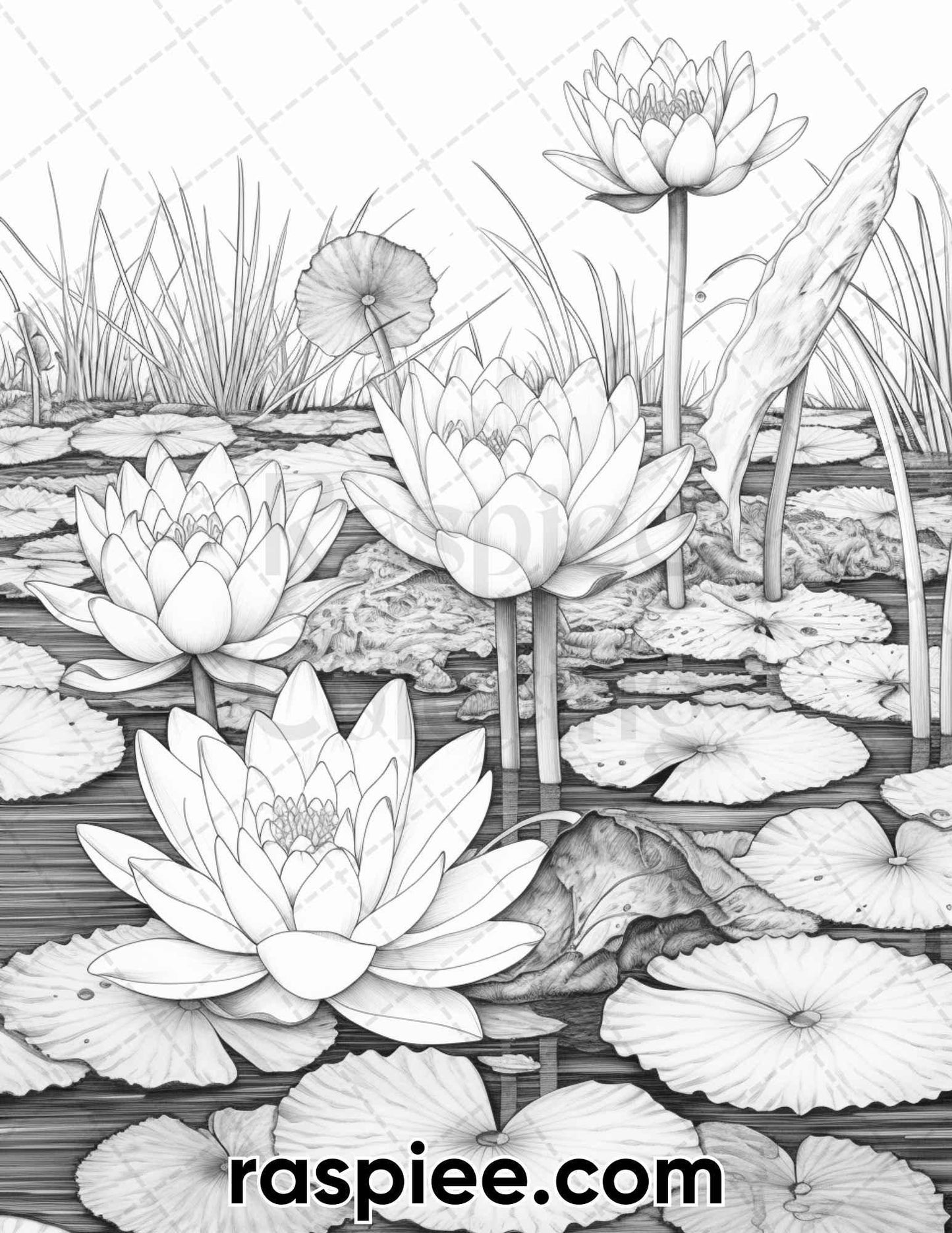 40 Lotus Pond Serenity Grayscale Adult Coloring Pages, Printable PDF Instant Download