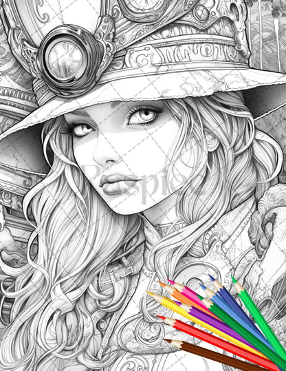 48 Beautiful Pirate Princess Coloring Book Printable for Adults, Grayscale Coloring Page, PDF File Instant Download