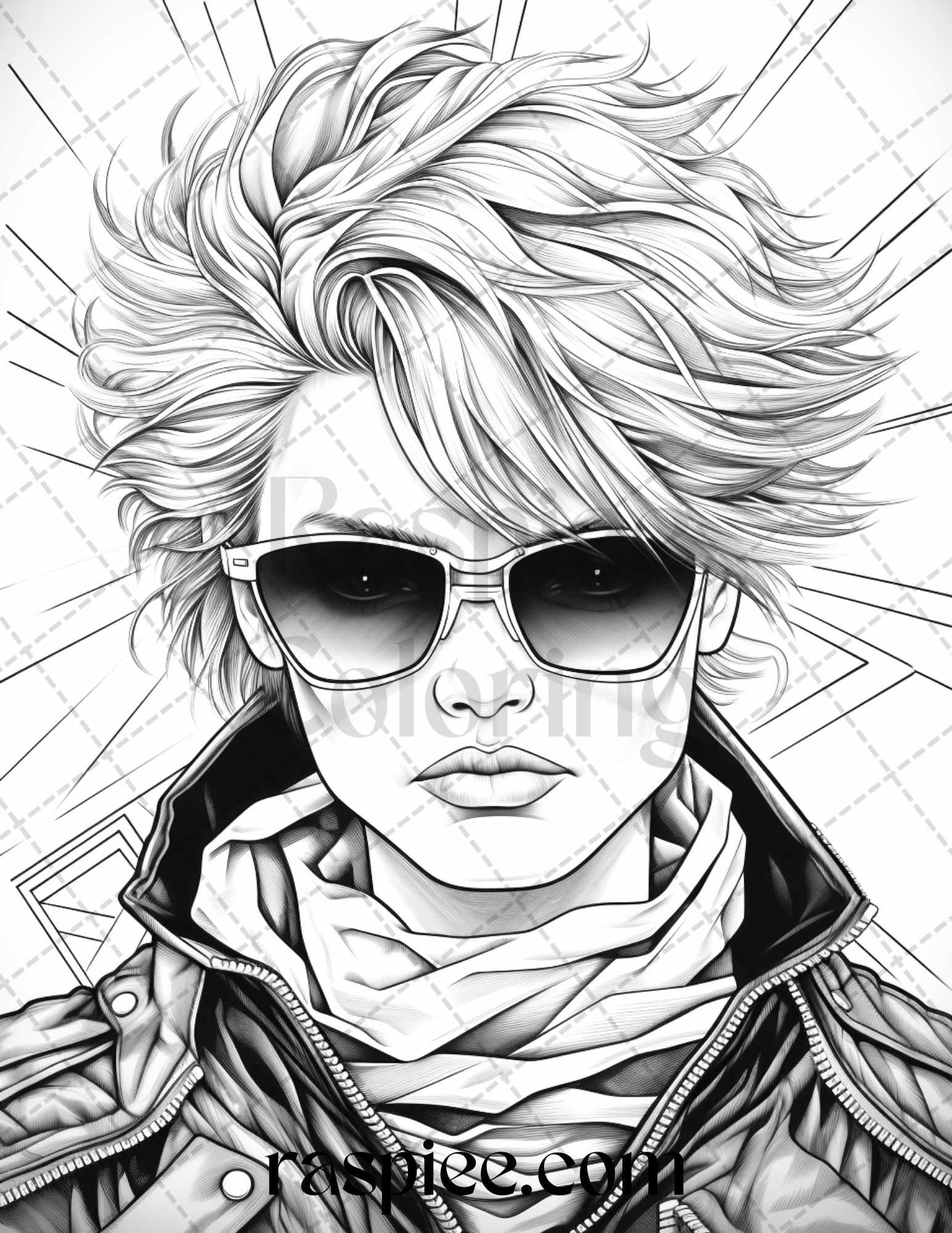 1980s New Wave Pop Star Grayscale Coloring Pages Printable for Adults, PDF File Instant Download