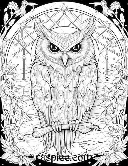 40 Floral Owl Grayscale Printable Coloring Pages for Adults, PDF File Instant Download