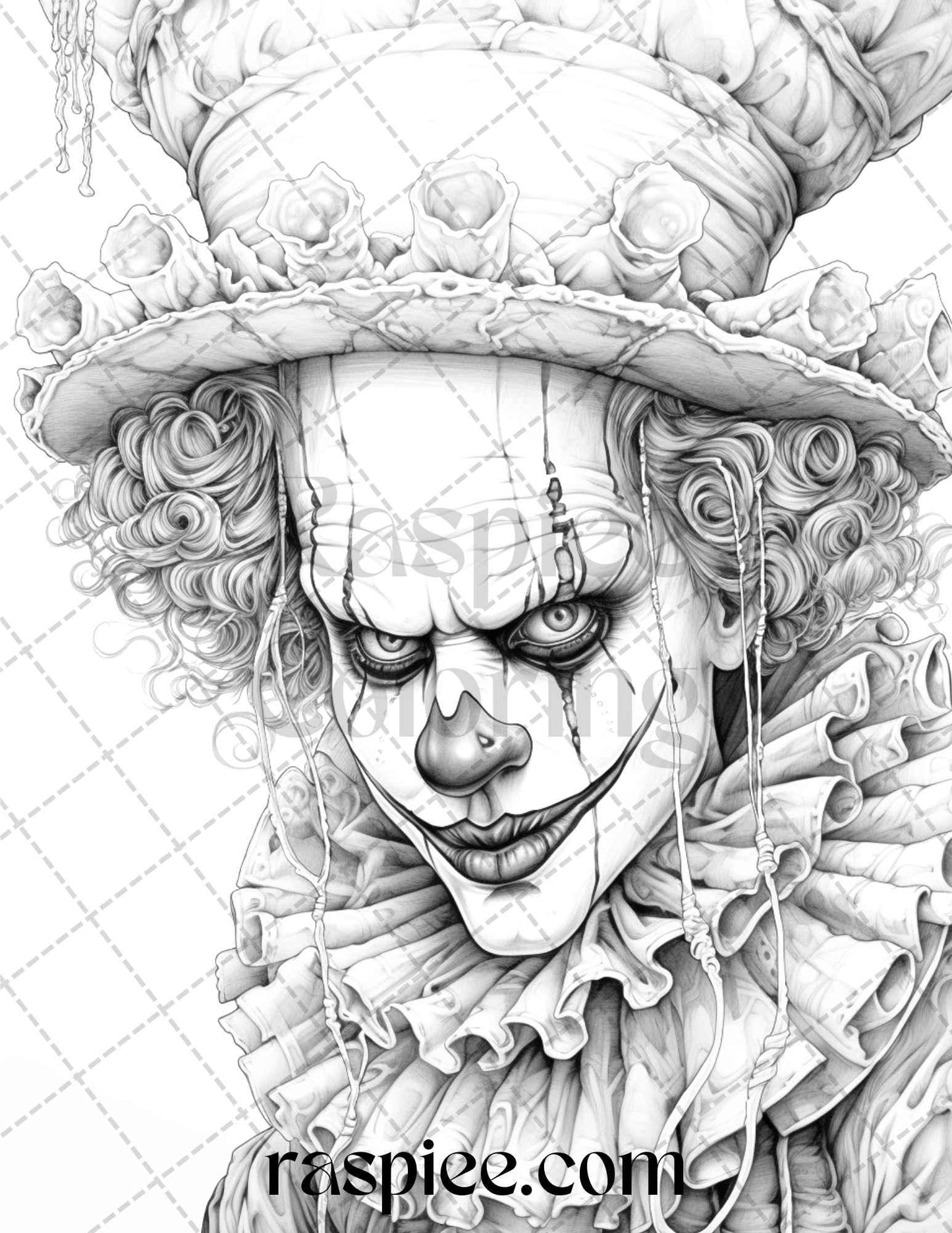 40 Spooky Clowns Grayscale Coloring Pages Printable for Adults, PDF File Instant Download