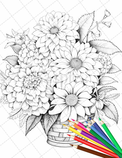 30 Flower Baskets Grayscale Coloring Pages for Adults, PDF File Instant Download