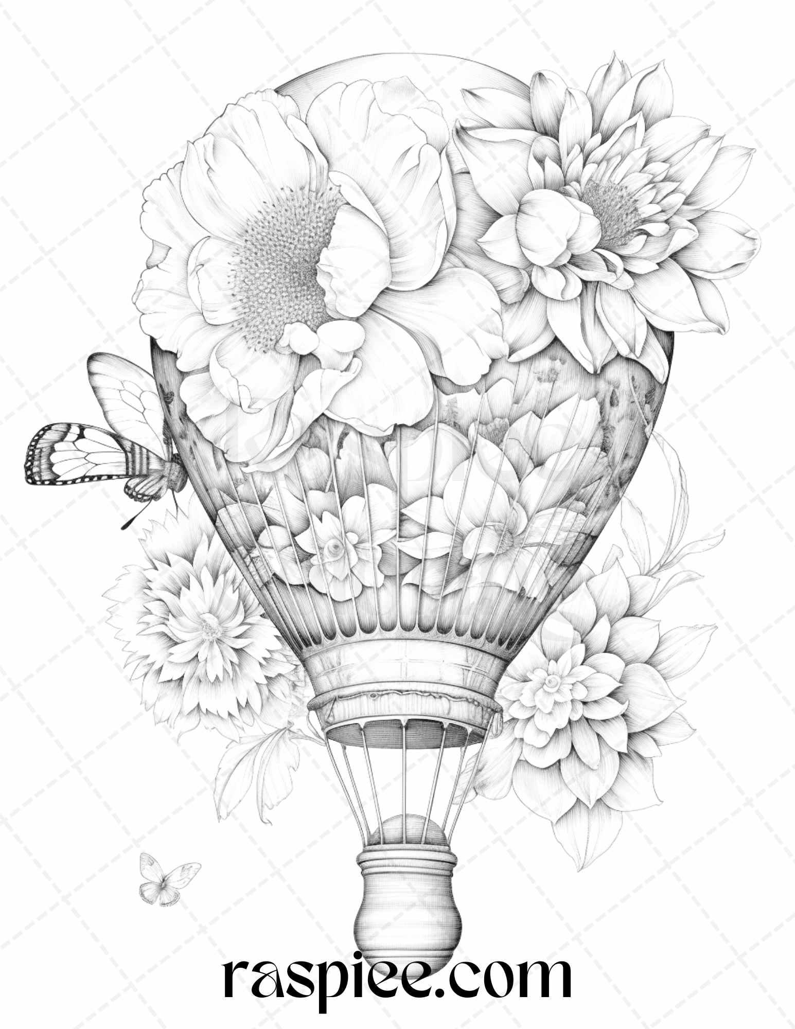 42 Flower Hot Air Balloons Grayscale Coloring Pages Printable for Adults, PDF File Instant Download