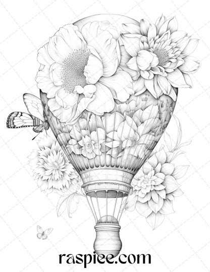 42 Flower Hot Air Balloons Grayscale Coloring Pages Printable for Adults, PDF File Instant Download