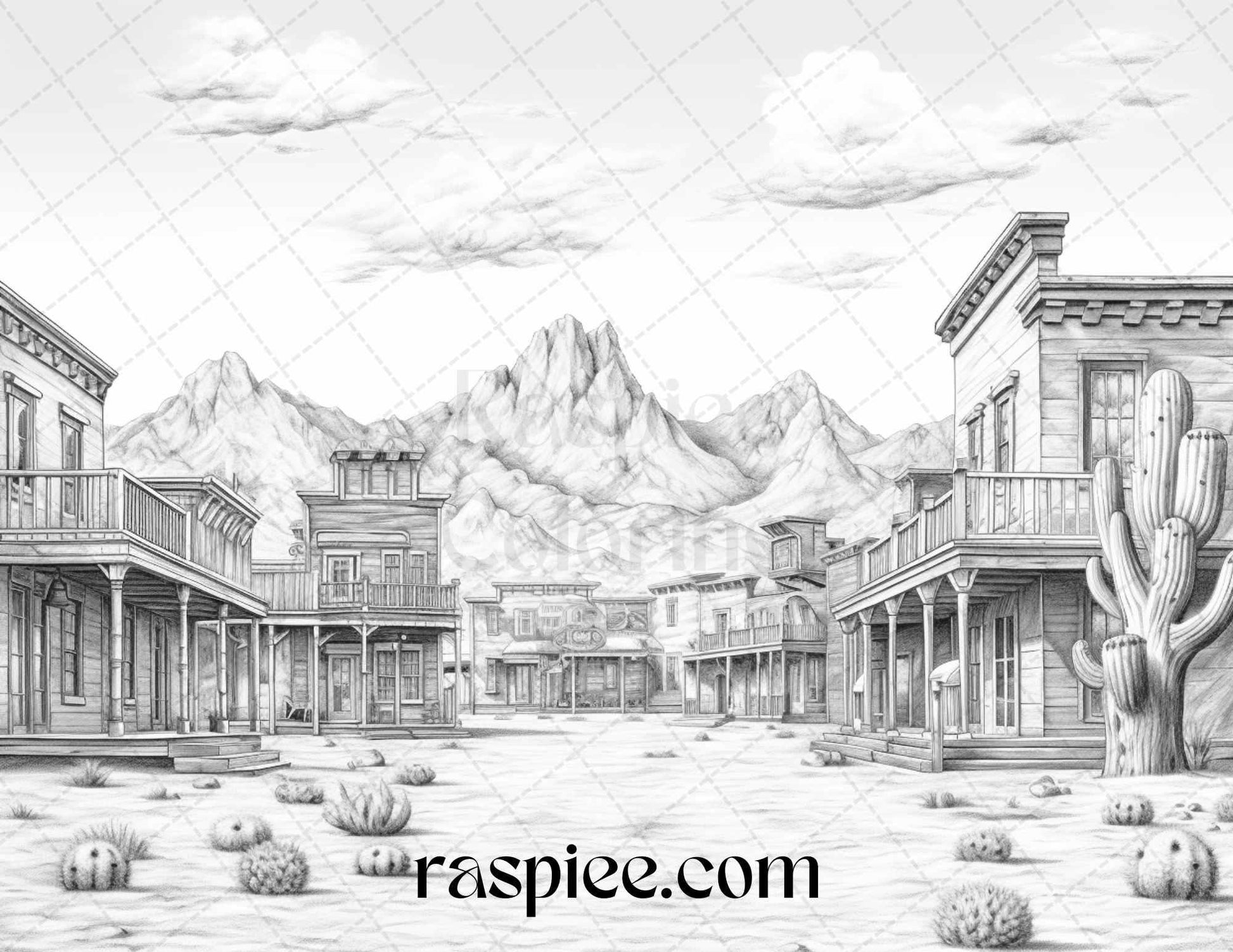 40 Wild West Towns Grayscale Coloring Pages Printable for Adults, PDF File Instant Download