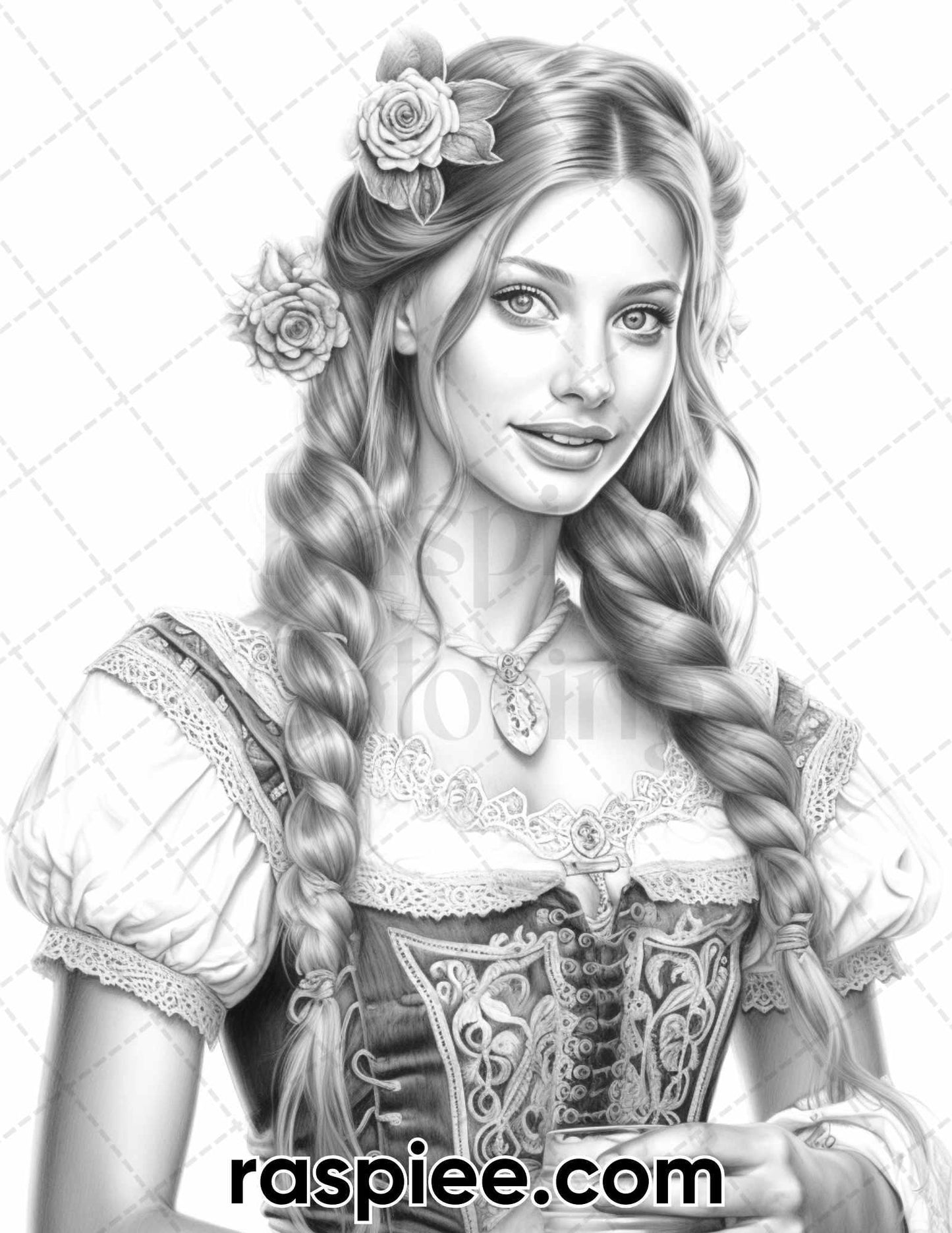 50 Oktoberfest Girls Grayscale Coloring Pages for Adults, Printable PDF Instant Download