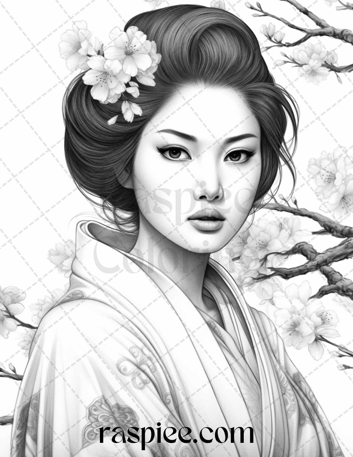 40 Beautiful Japanese Girls Grayscale Coloring Pages Printable for Adults, PDF File Instant Download