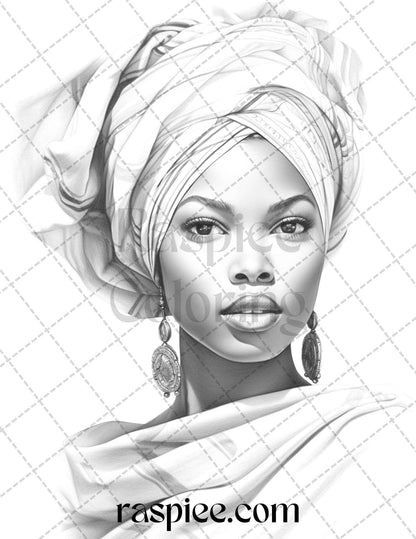 40 Beautiful African Women Grayscale Coloring Pages Printable for Adults, PDF File Instant Download