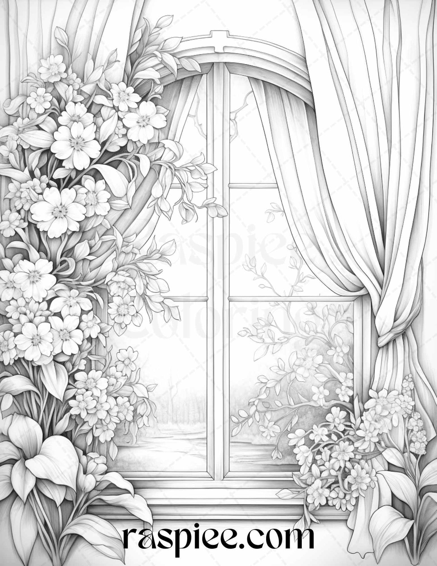 50 Blooming Windows Grayscale Coloring Pages Printable for Adults, PDF File Instant Download