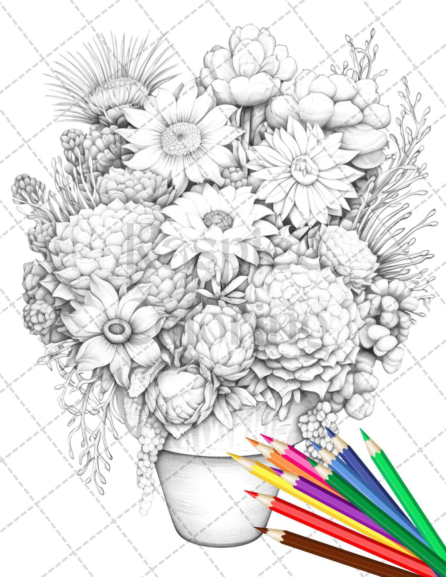 40 Charming Cactus Pots Grayscale Coloring Pages Printable for Adults, PDF File Instant Download