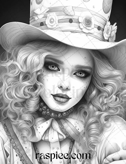 42 Beautiful Clown Girls Grayscale Coloring Pages Printable for Adults, PDF File Instant Download