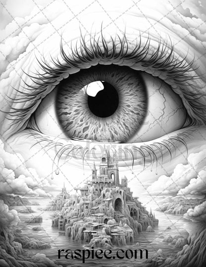 40 Surrealism Eyes Grayscale Coloring Pages Printable for Adults, PDF File Instant Download