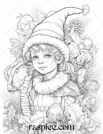 110 Christmas Elves Grayscale Coloring Pages Printable for Adults Kids, PDF File Instant Download