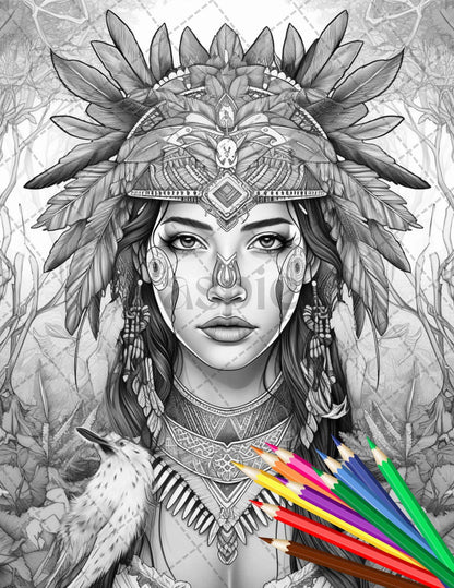 30 Native American Girls Printable Coloring Pages for Adult, Native American Culture Grayscale Coloring Book, Printable PDF File Download