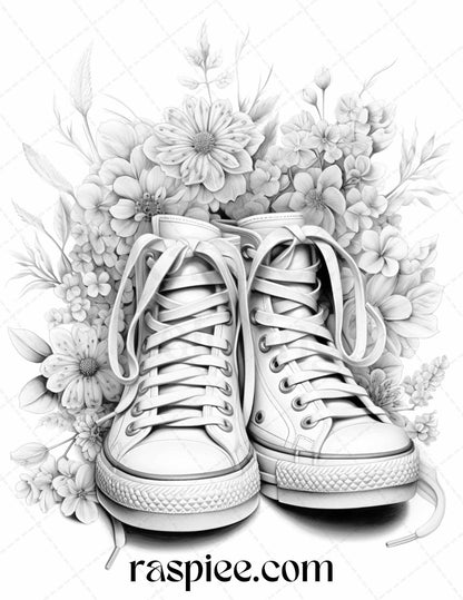 40 Flower Sneakers Grayscale Coloring Pages Printable for Adults, PDF File Instant Download