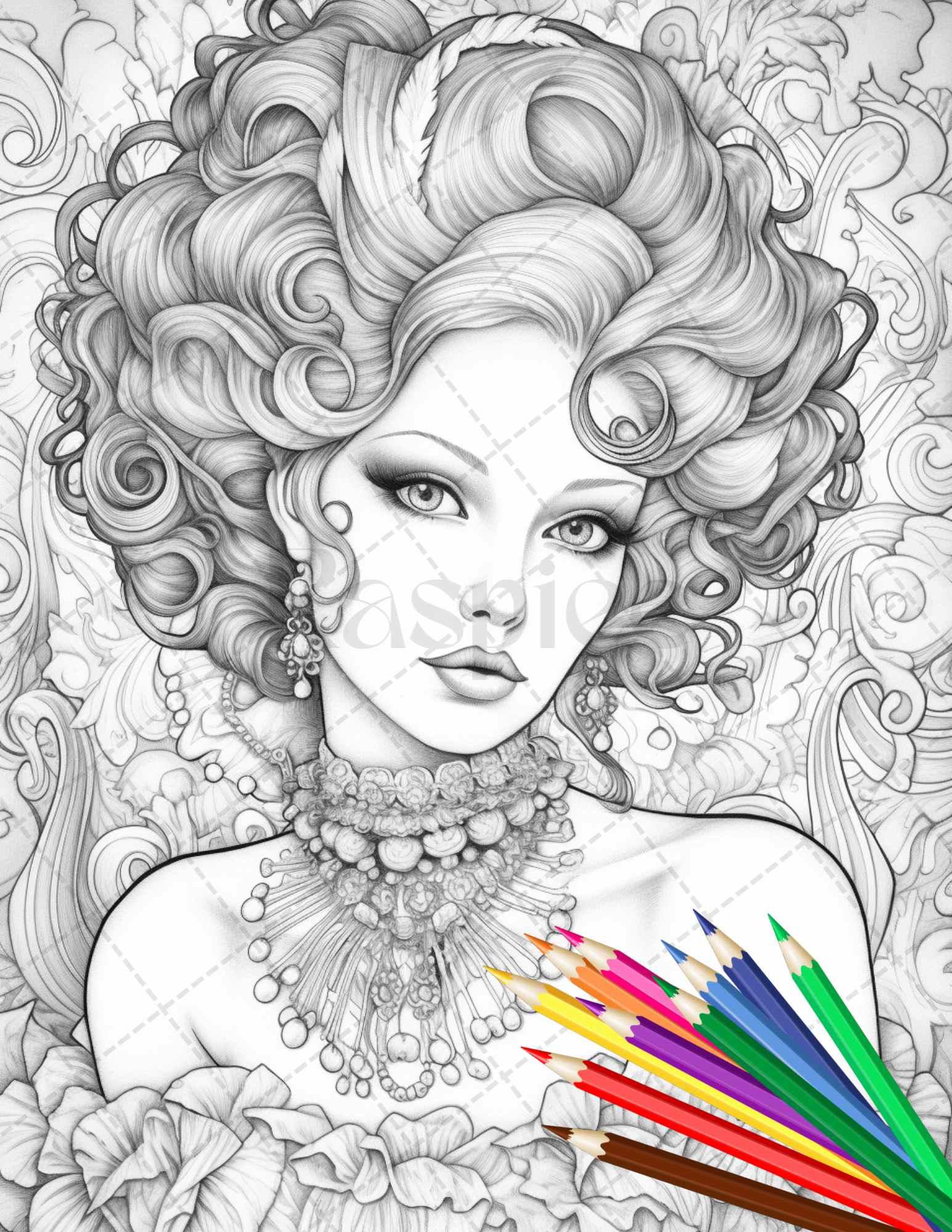 43 Beautiful Victorian Women Grayscale Coloring Pages Printable for Adults, PDF File Instant Download