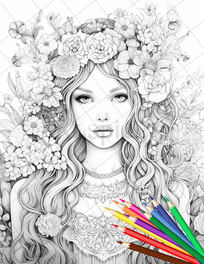 38 Flower Goddess Coloring Pages Printable for Adults, Grayscale Coloring Page, PDF File Instant Download