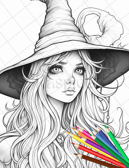 40 Cute Witches Coloring Pages Printable for Adults, Grayscale Coloring Page, PDF File Instant Download