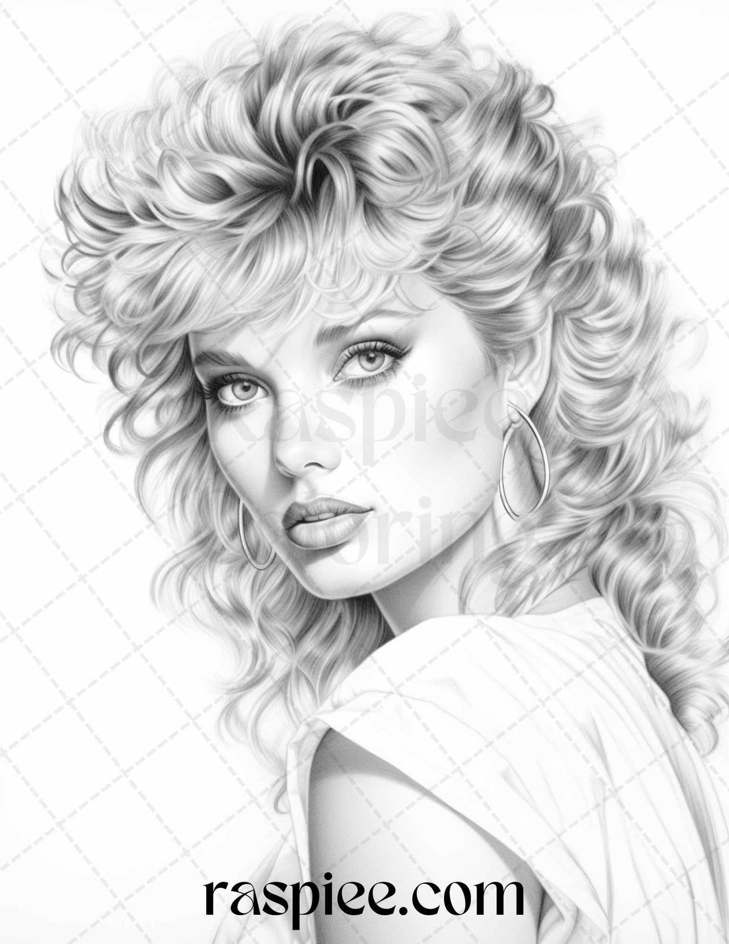 1980s Retro Beautiful Women Grayscale Coloring Pages for Adults, PDF File Instant Download