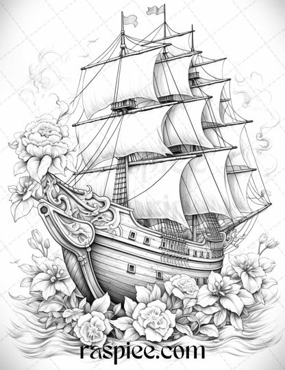 44 Flower Ships Graysale Coloring Pages Printable for Adults, PDF File Instant Download