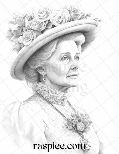 50 Victorian Grandma Grayscale Coloring Pages Printable for Adults, PDF File Instant Download