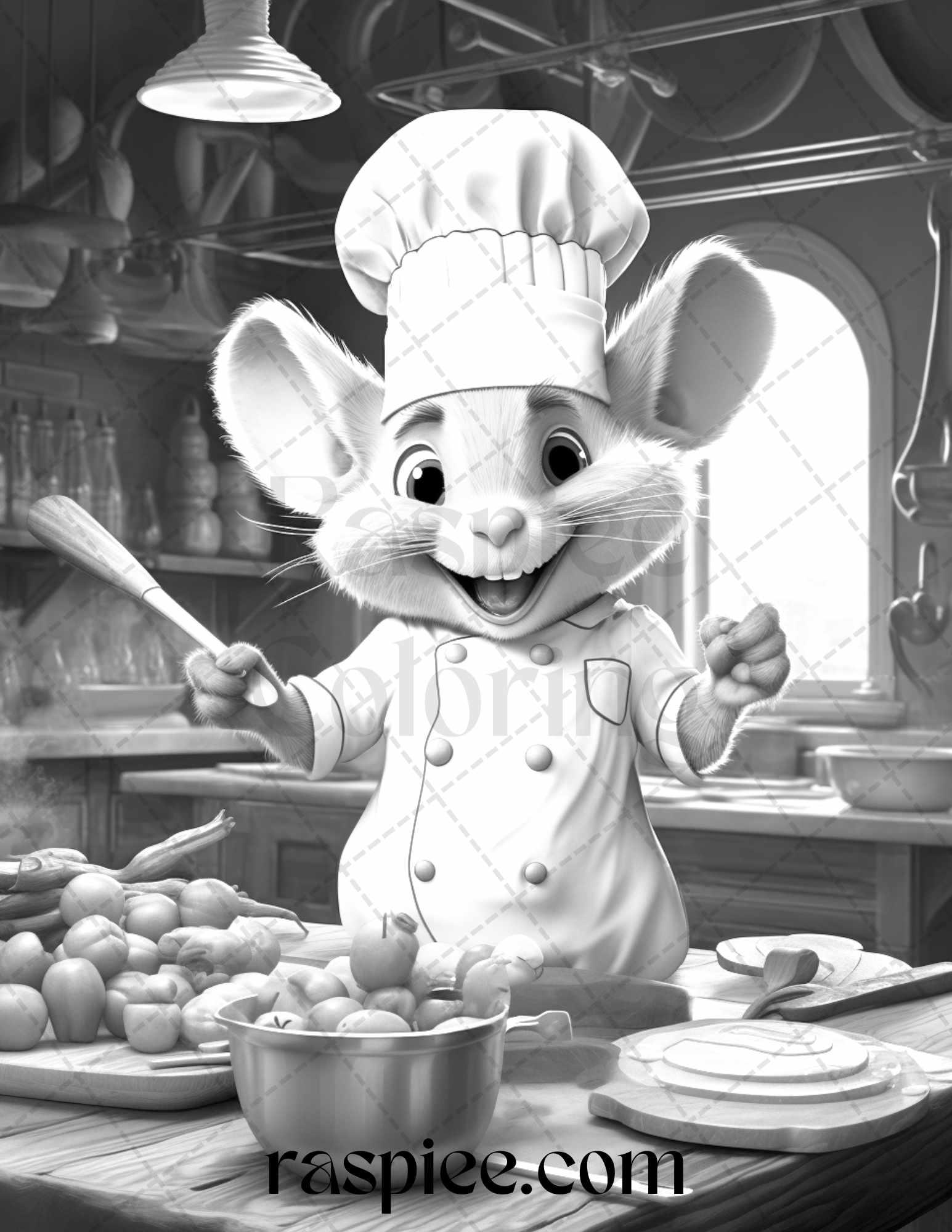 45 Mouse Chef Grayscale Coloring Pages Printable for Adults, PDF File Instant Download