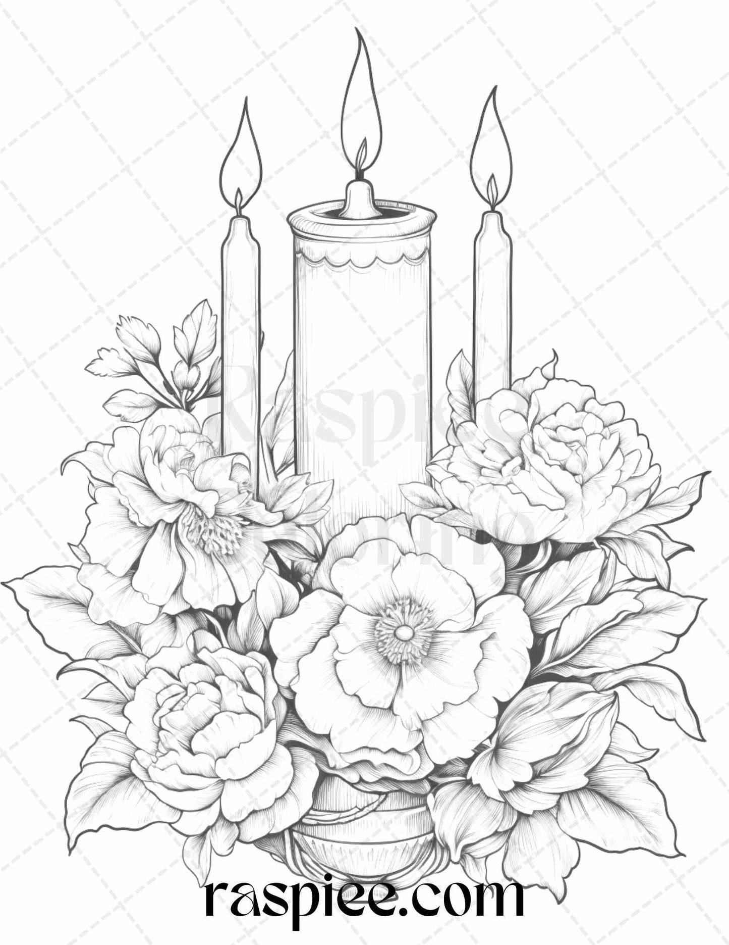 40 Flower Candles Grayscale Coloring Pages Printable for Adults, PDF File Instant Download