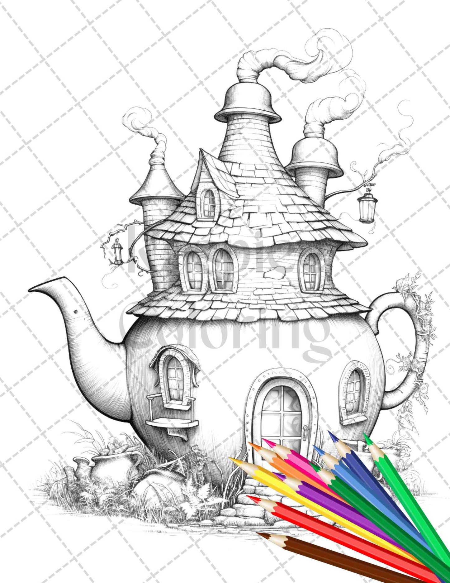 40 Teapot Fairy Houses Grayscale Coloring Pages Printable for Adults, PDF File Instant Download