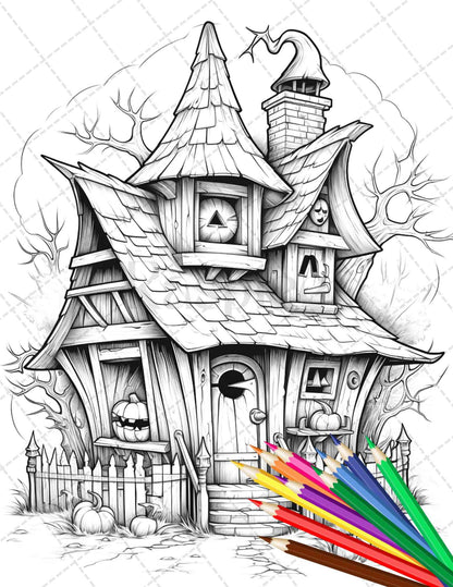 32 Spooky Houses Coloring Pages Printable for Adults, Grayscale Coloring Page, PDF File Instant Download