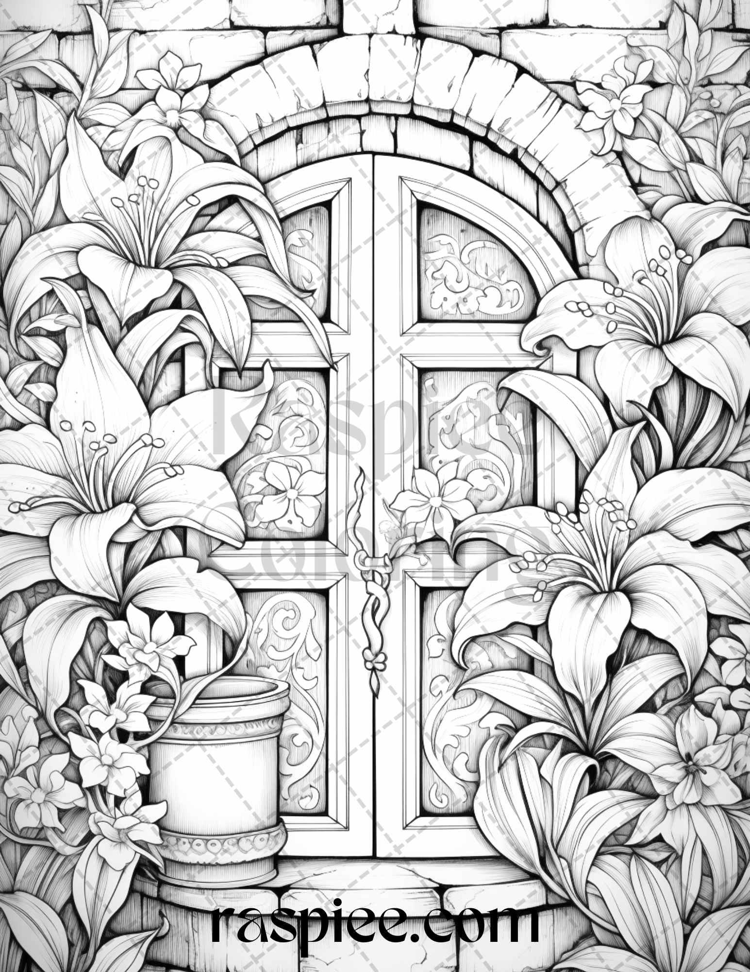 40 Flower Fairy Doors Grayscale Coloring Pages Printable for Adults, PDF File Instant Download