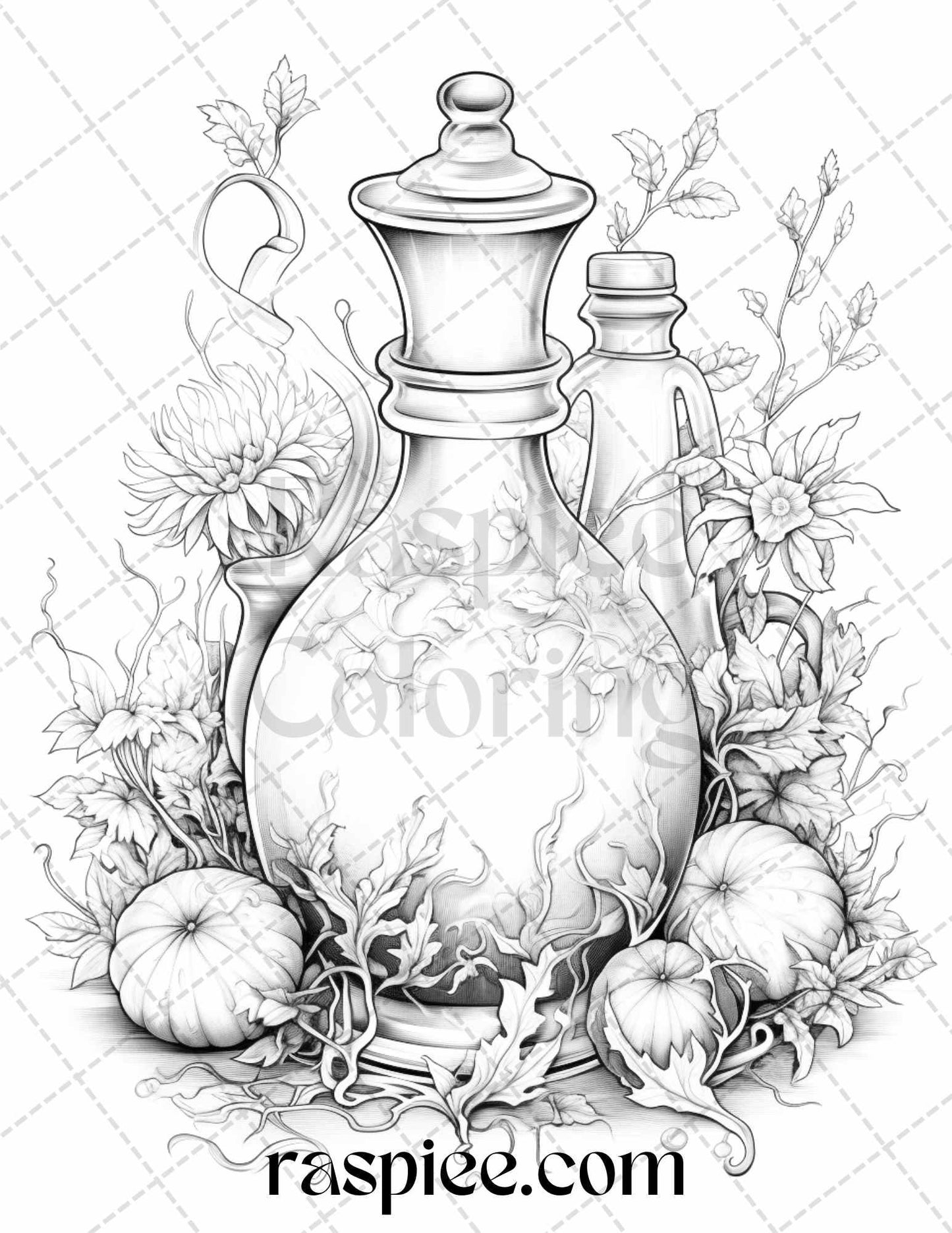 40 Mystical Magic Potions Grayscale Coloring Pages Printable for Adults, PDF File Instant Download