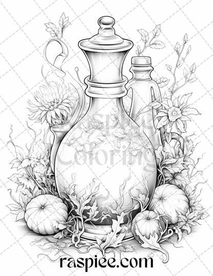 40 Mystical Magic Potions Grayscale Coloring Pages Printable for Adults, PDF File Instant Download