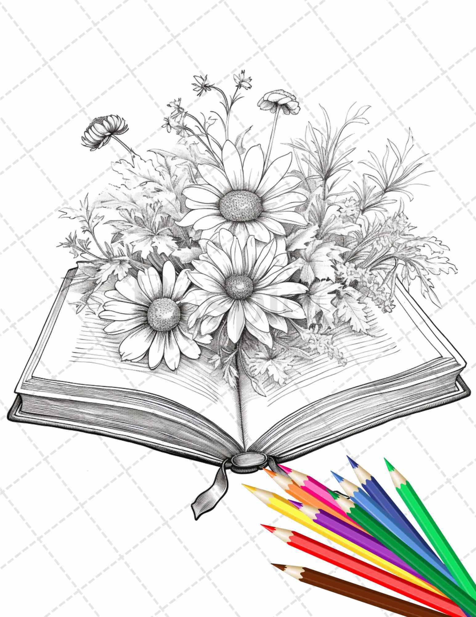 31 Book Flowers Coloring Pages Printable for Adults, Grayscale Coloring Page, PDF File Instant Download