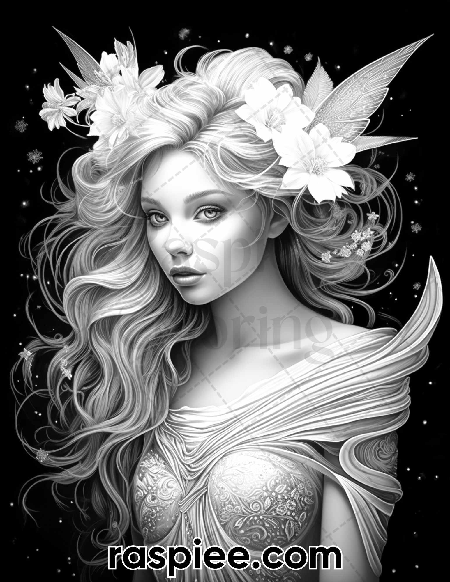 50 Starlight Fairy Grayscale Coloring Pages for Adults, Printable PDF File Instant Download