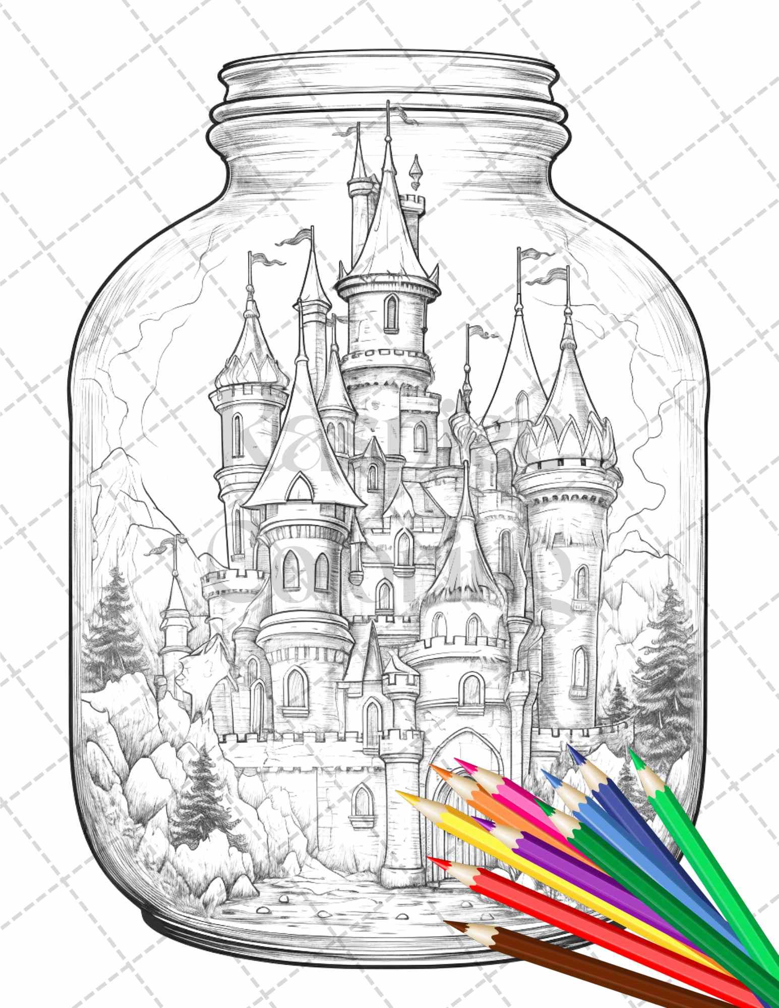 42 Fantasy Castle In Jar Grayscale Coloring Pages Printable for Adults, PDF File Instant Download