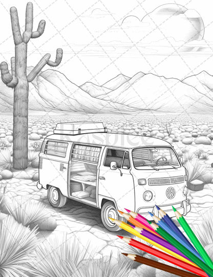 30 Campervan Adventure Grayscale Coloring Pages Printable for Adults, PDF File Instant Download