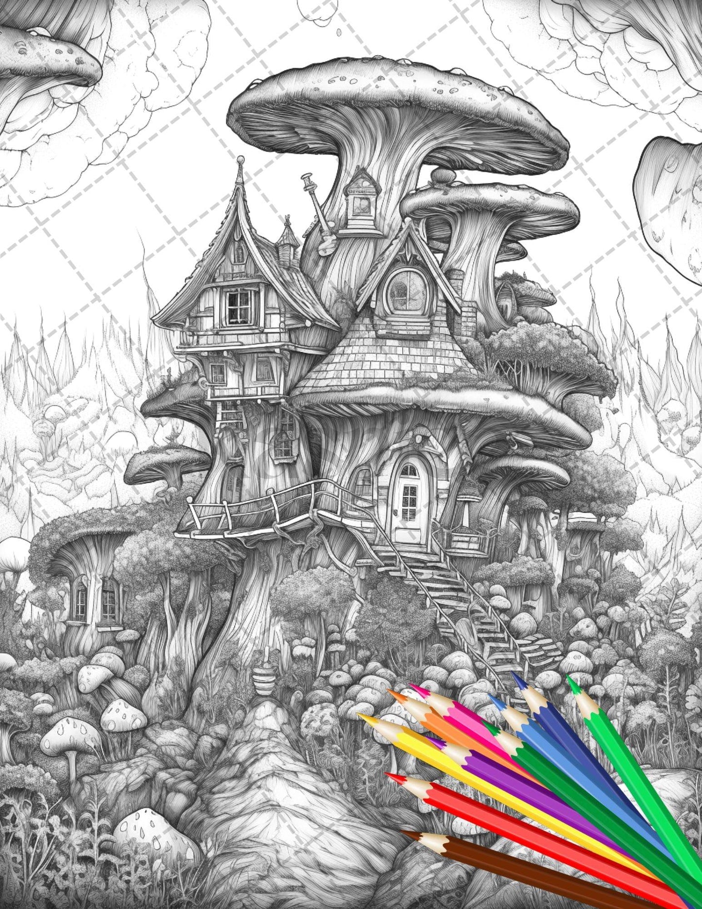 30 Fantasy Fairy Houses Coloring Page Book, Printable Adult Coloring Pages, Enchanted Fairy Home Grayscale Coloring Book, Printable PDF File