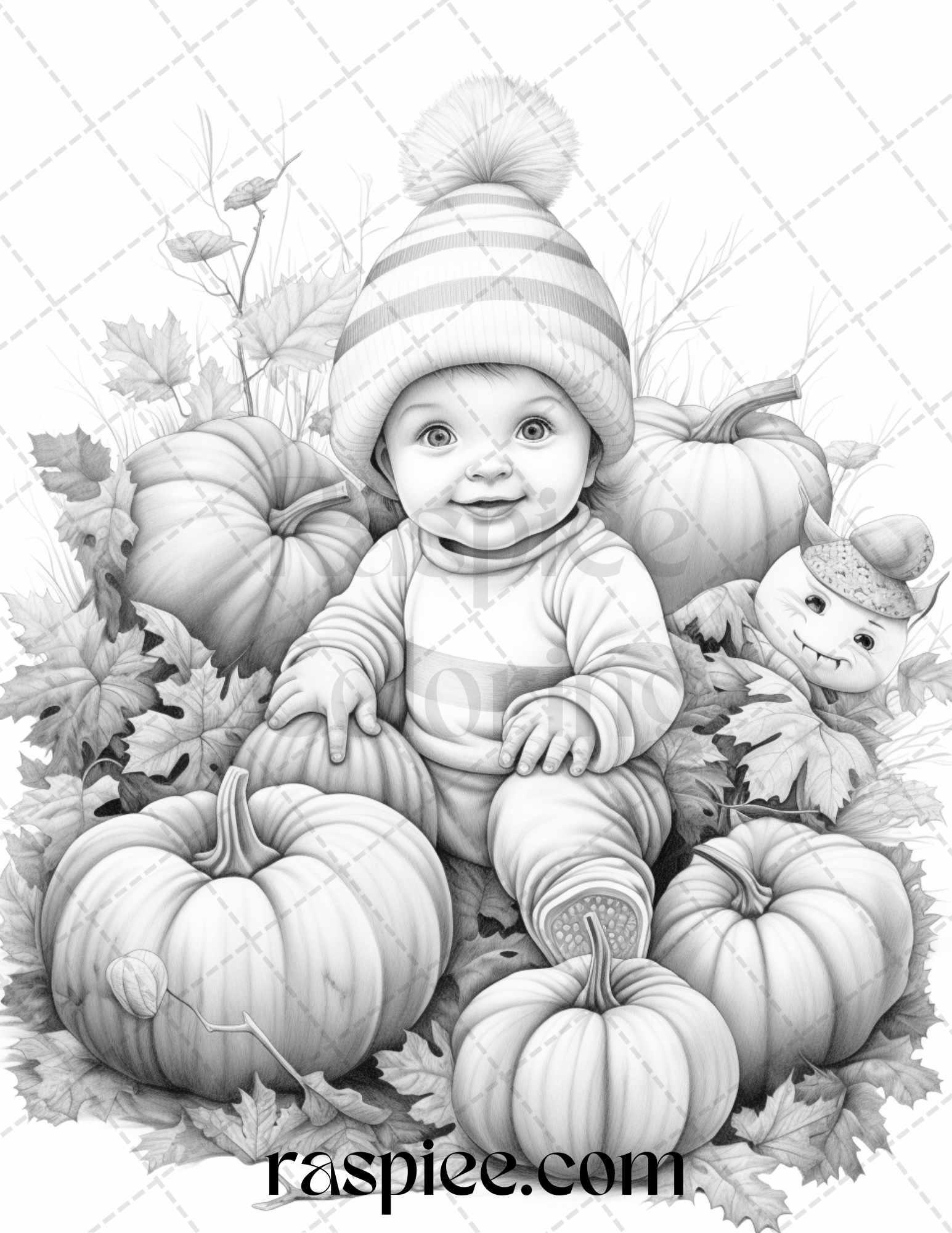 40 Pumpkin Babies Grayscale Coloring Pages for Adults and Kids, Printable PDF File Instant Download