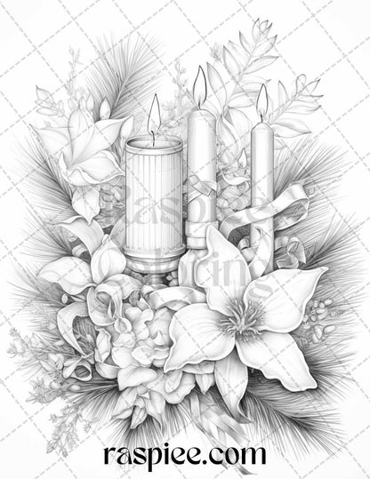 45 Christmas Flowers Grayscale Coloring Pages Printable for Adults, PDF File Instant Download