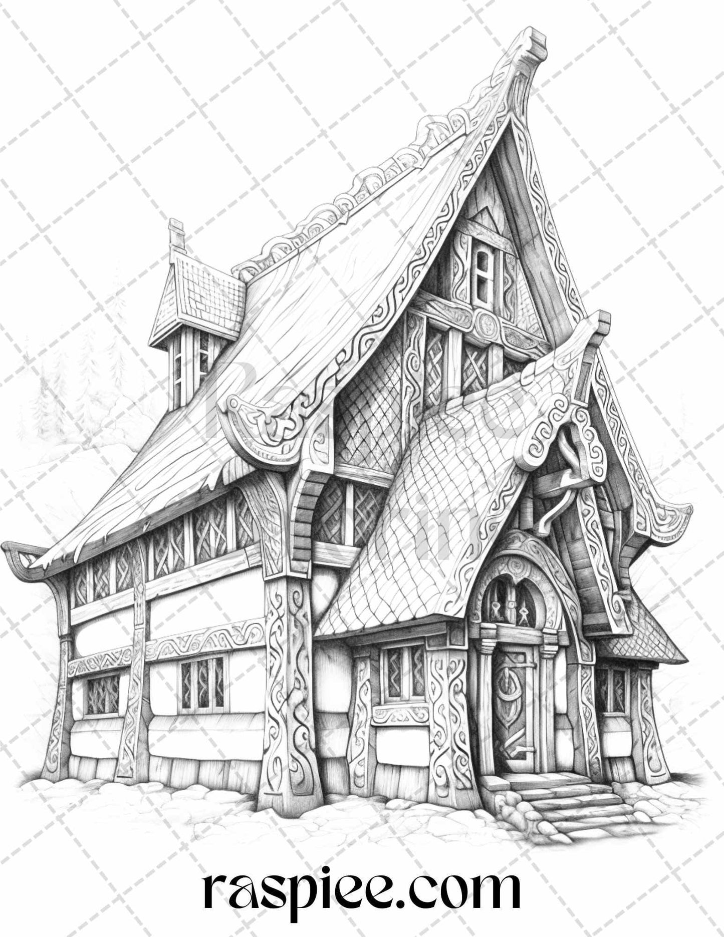 40 Viking Houses Grayscale Coloring Pages Printable for Adults, PDF File Instant Download