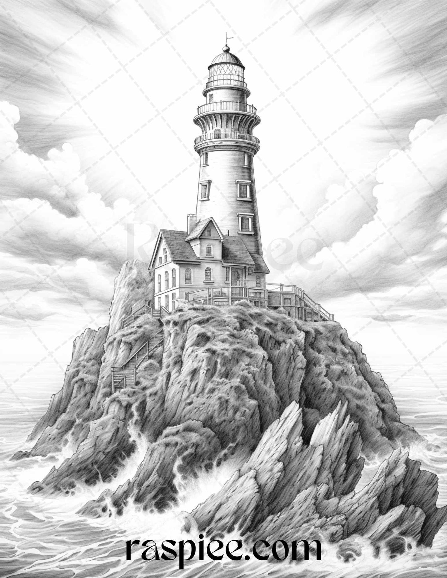 40 Majestic Lighthouses Grayscale Coloring Pages Printable for Adults, PDF File Instant Download