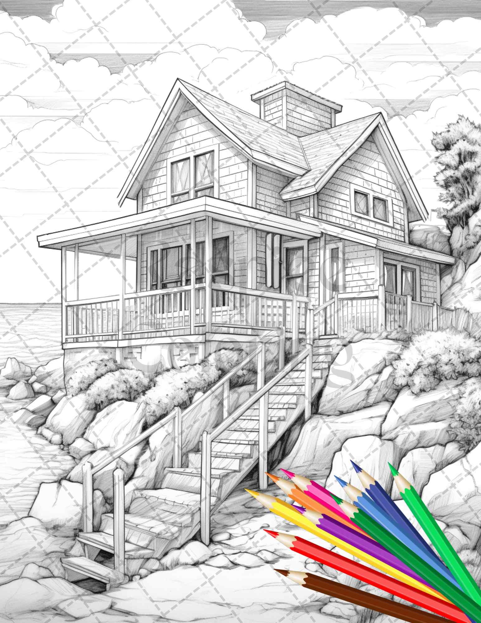 42 Wooden Beach Houses Grayscale Coloring Pages Printable for Adults, PDF File Instant Download