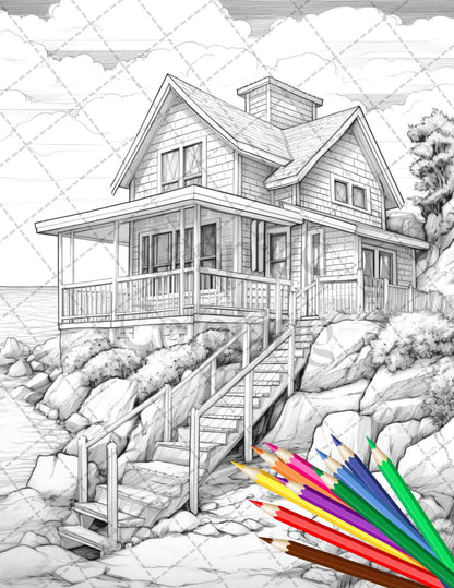 42 Wooden Beach Houses Grayscale Coloring Pages Printable for Adults, PDF File Instant Download