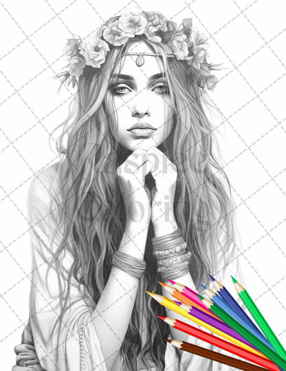 43 Beautiful Hippie Girls Grayscale Coloring Pages Printable for Adults, PDF File Instant Download