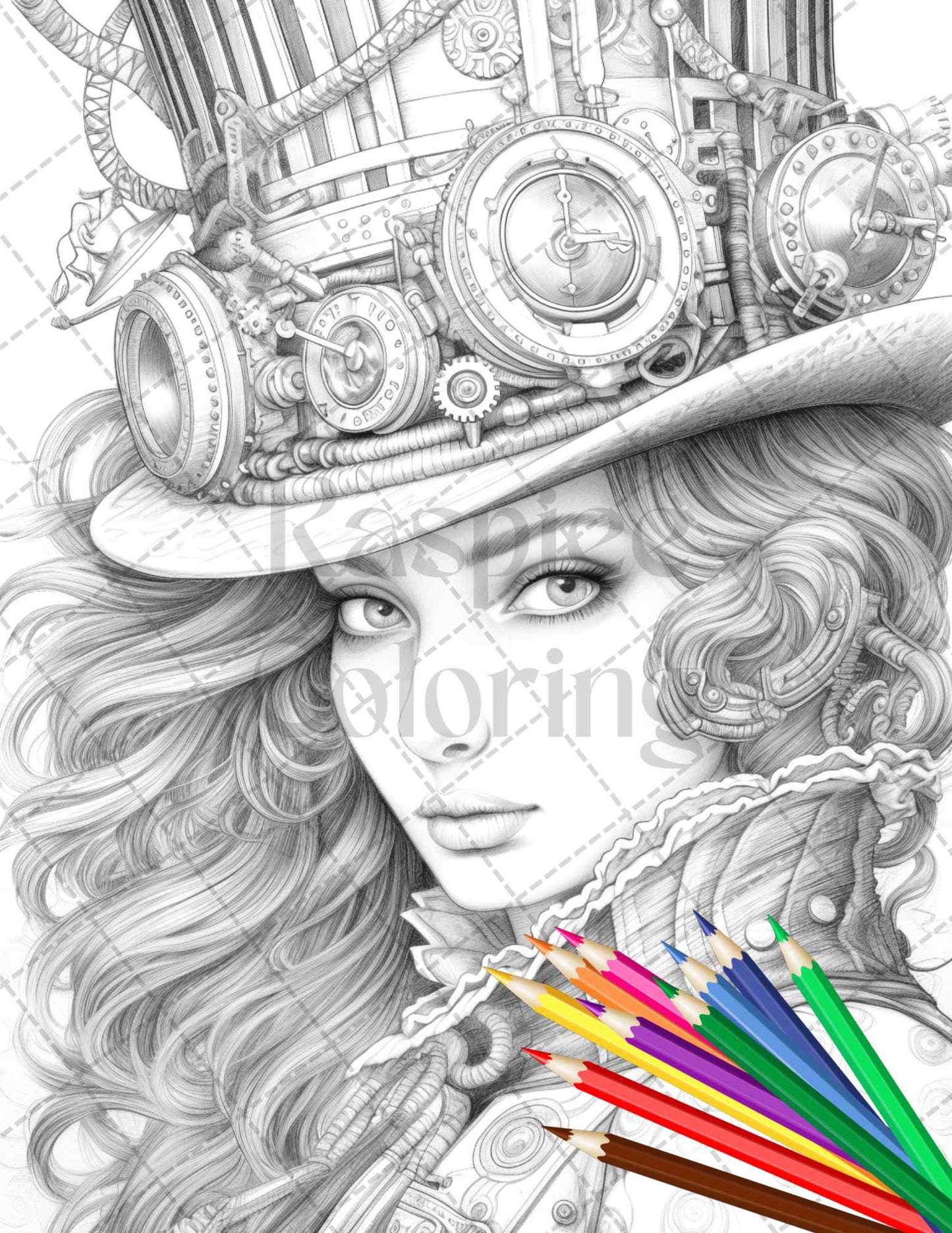 40 Steampunk Ladies Grayscale Coloring Pages Printable for Adults, PDF File Instant Download