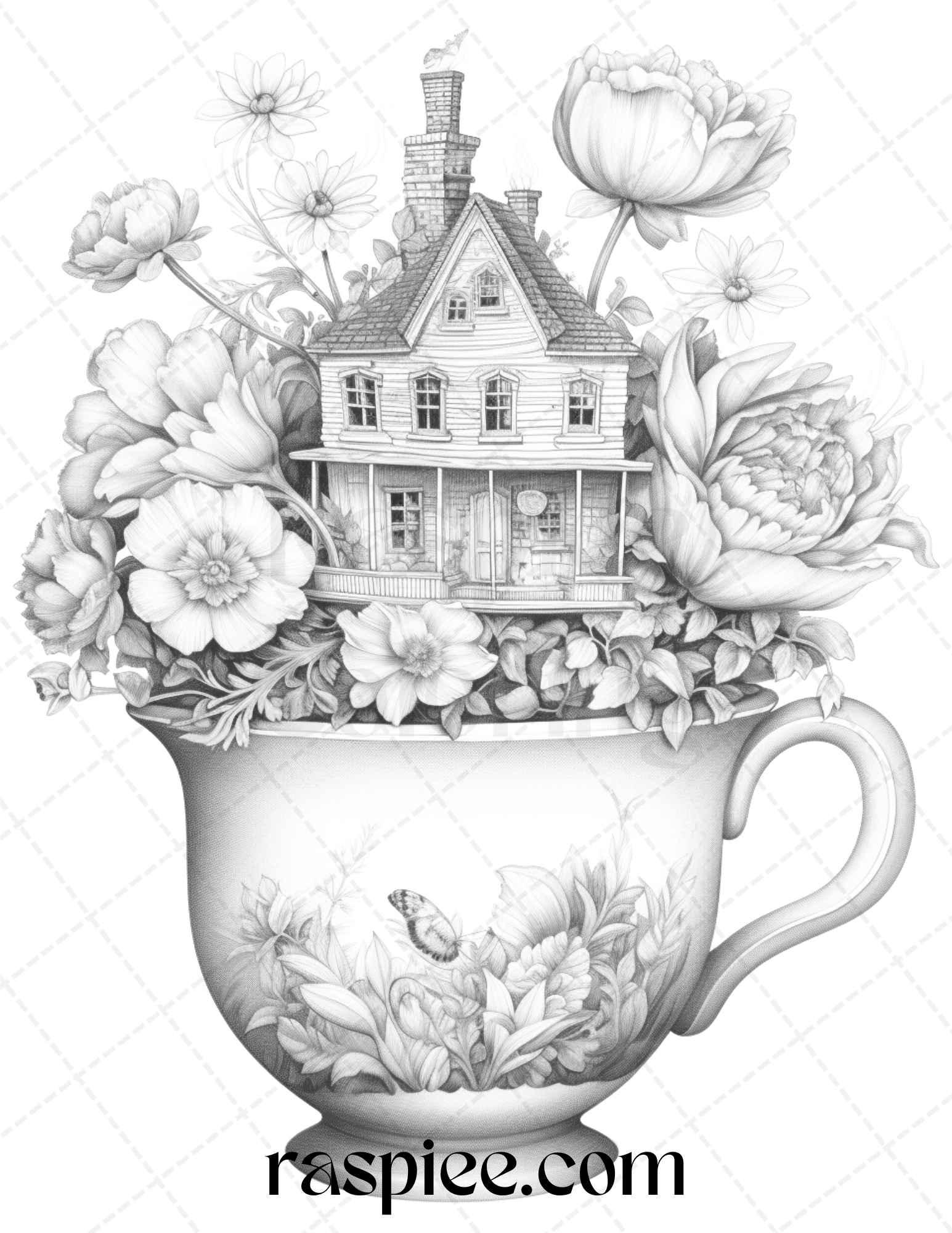 40 Flower Teacup Fairy Houses Grayscale Coloring Pages Printable for Adults, PDF File Instant Download