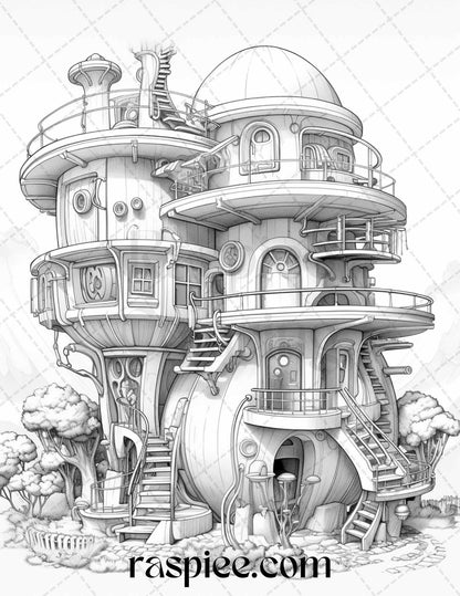 43 Futuristic Houses Grayscale Coloring Pages Printable for Adults, PDF File Instant Download