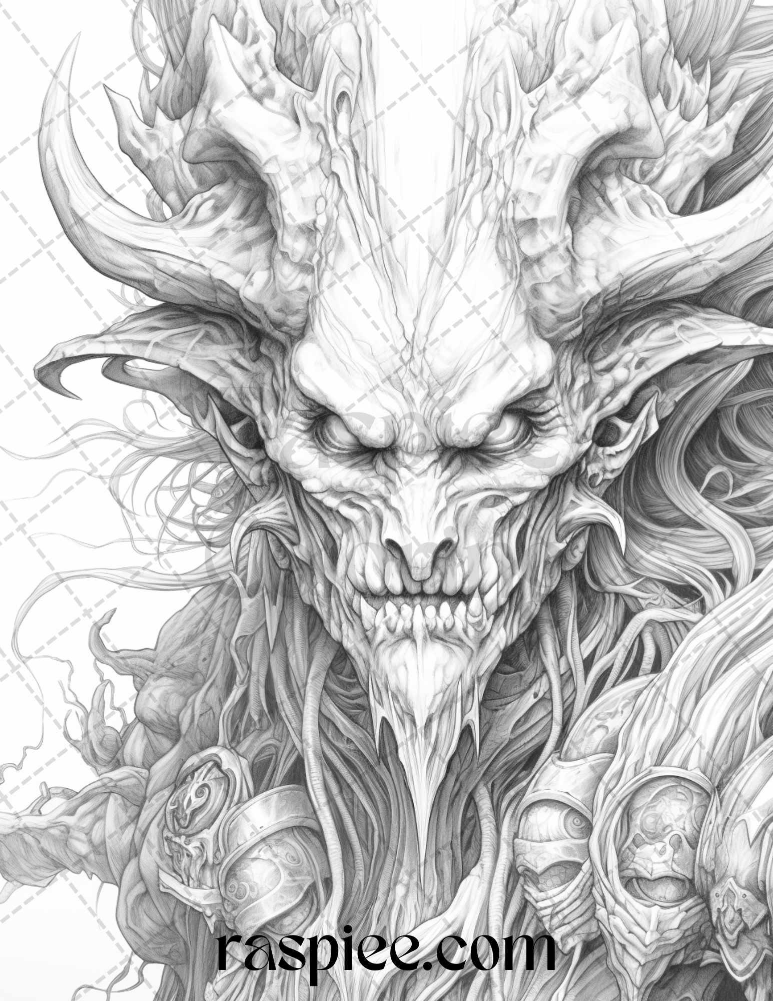 43 Fantasy Demons Grayscale Coloring Pages for Adults, Printable PDF File Instant Download