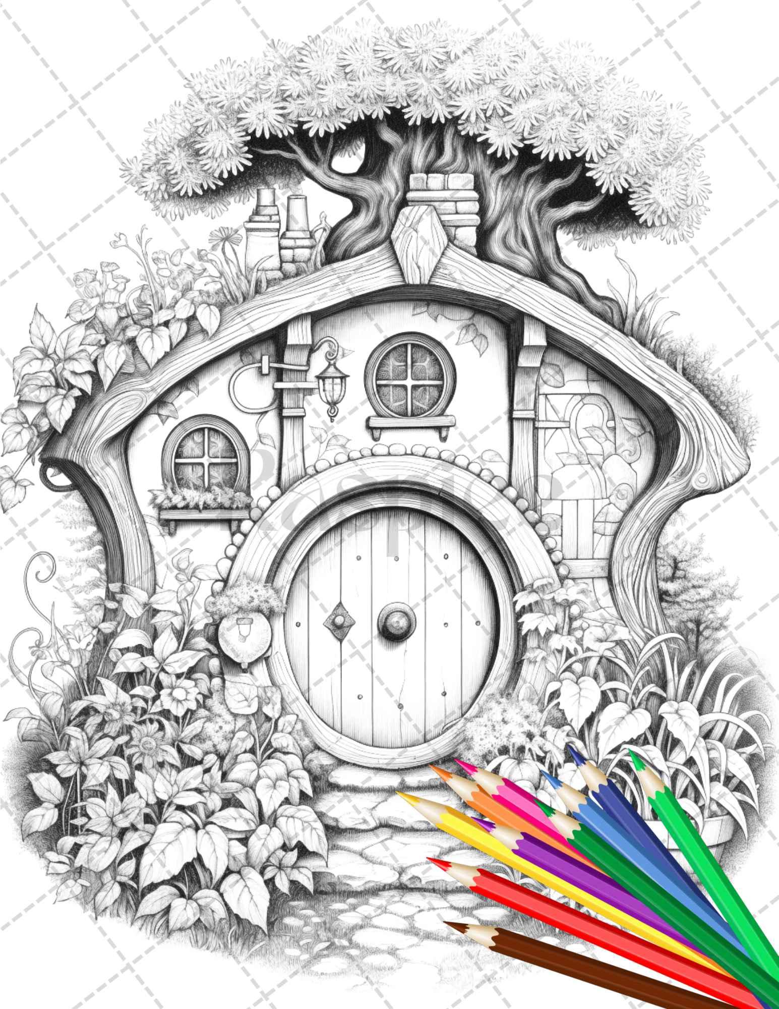 43 Enchanted Hobbiton Houses Grayscale Coloring Pages Printable for Adults, PDF File Instant Download