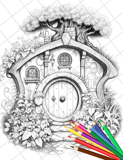 43 Enchanted Hobbiton Houses Grayscale Coloring Pages Printable for Adults, PDF File Instant Download